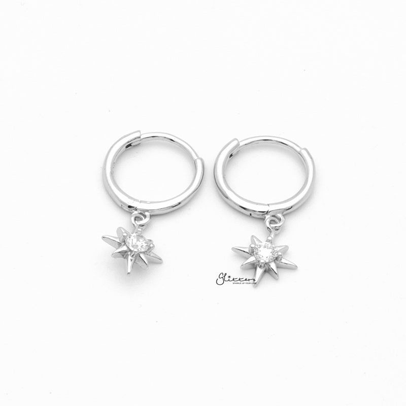 Sterling Silver Huggie Hoop Earrings with Dangle Star - Silver-Cubic Zirconia, earrings, Hoop Earrings, Jewellery, Women's Earrings, Women's Jewellery-sse0412-s1-Glitters