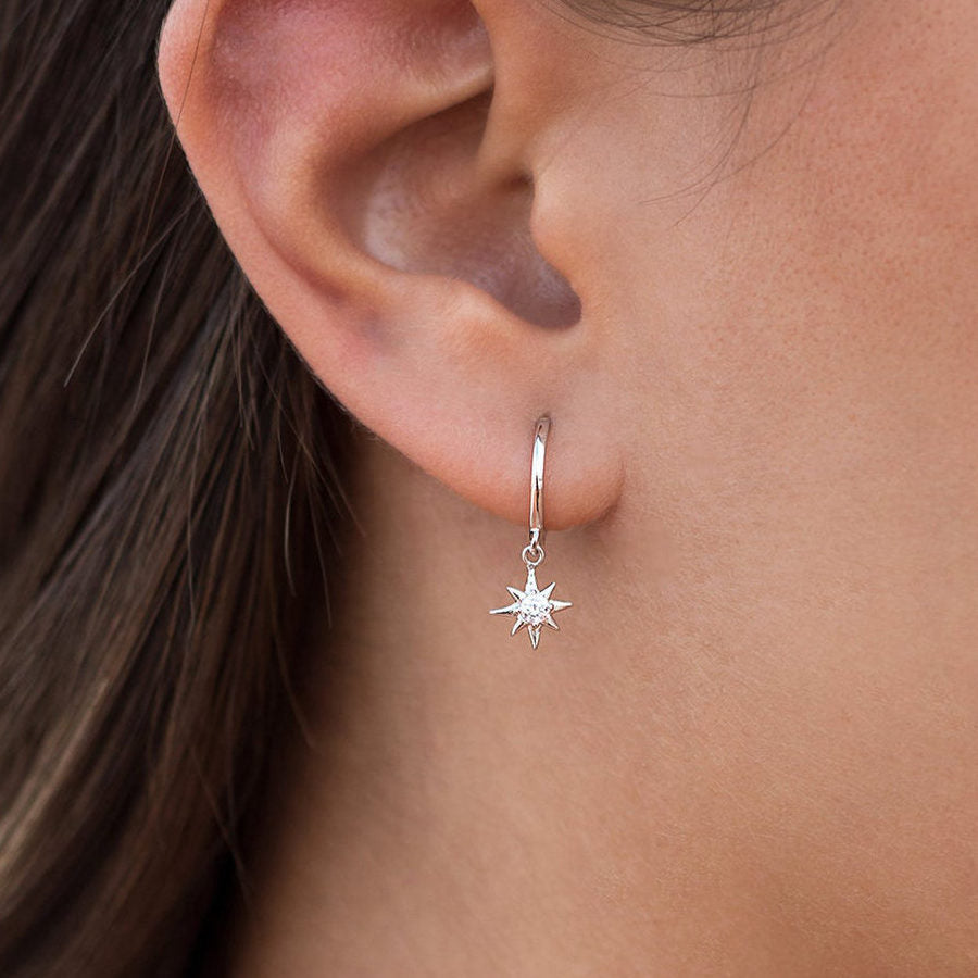 Sterling Silver Huggie Hoop Earrings with Dangle Star - Silver-Cubic Zirconia, earrings, Hoop Earrings, Jewellery, Women's Earrings, Women's Jewellery-sse0412-s4-Glitters