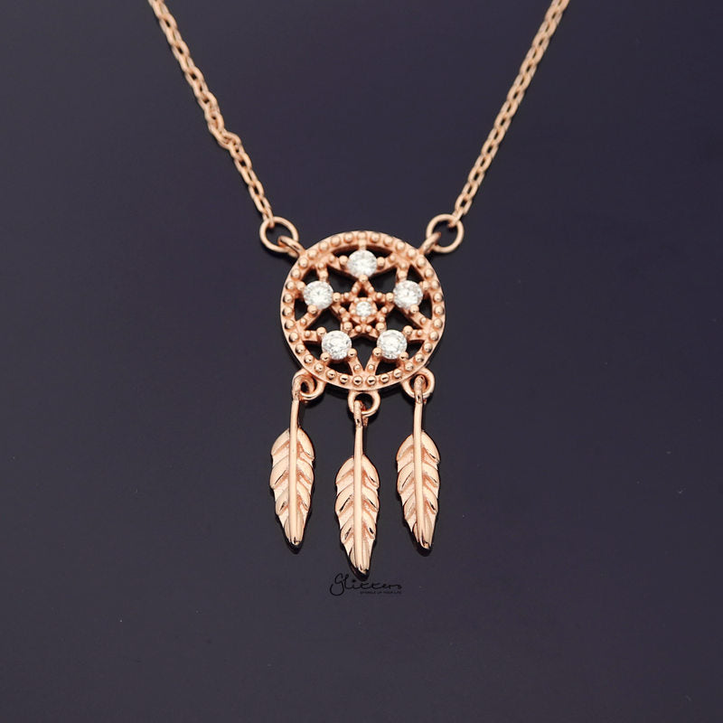 Sterling Silver Dream Catcher Necklace - Rose Gold-Cubic Zirconia, Jewellery, Necklaces, Sterling Silver Necklaces, Women's Jewellery, Women's Necklace-ssp0169-rg2-Glitters