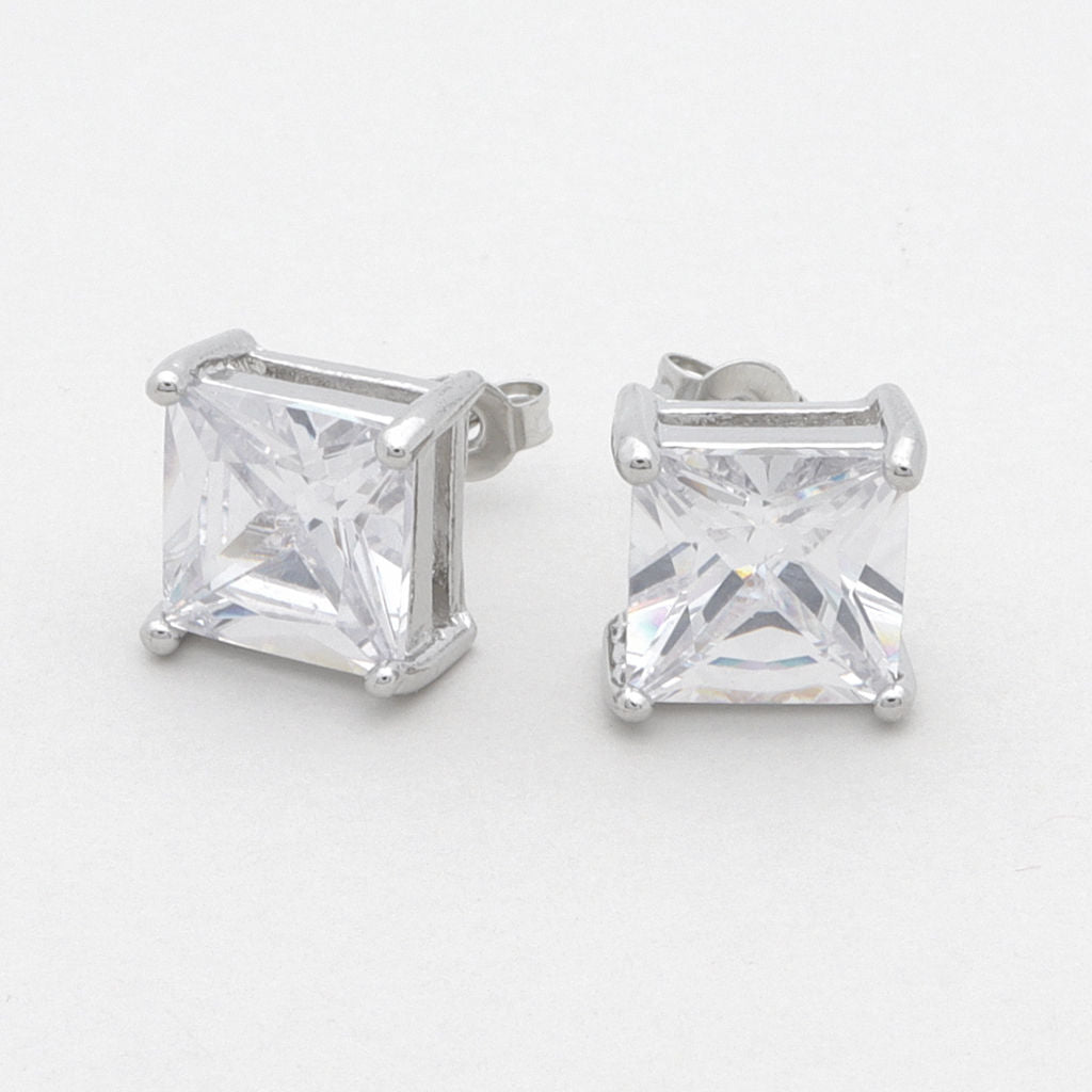 Rhodium Plated Clear Square C.Z Stud Earrings-Cubic Zirconia, earrings, Iced Out, Jewellery, Men's Earrings, Men's Jewellery, Stud Earrings, Women's Earrings, Women's Jewellery-sw-1_1-Glitters