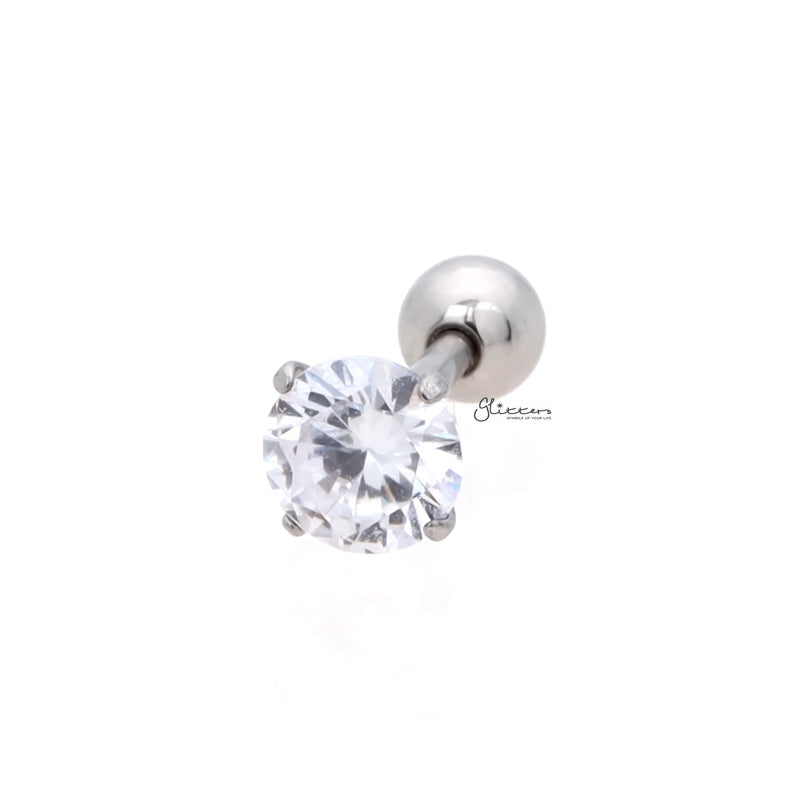 316L Surgical Steel Prong Set Round CZ Cartilage/Tragus Barbell Studs - Silver/Clear-Best Sellers, Body Piercing Jewellery, Cartilage, Cubic Zirconia, Jewellery, Tragus, Women's Earrings, Women's Jewellery-tg0015-Glitters