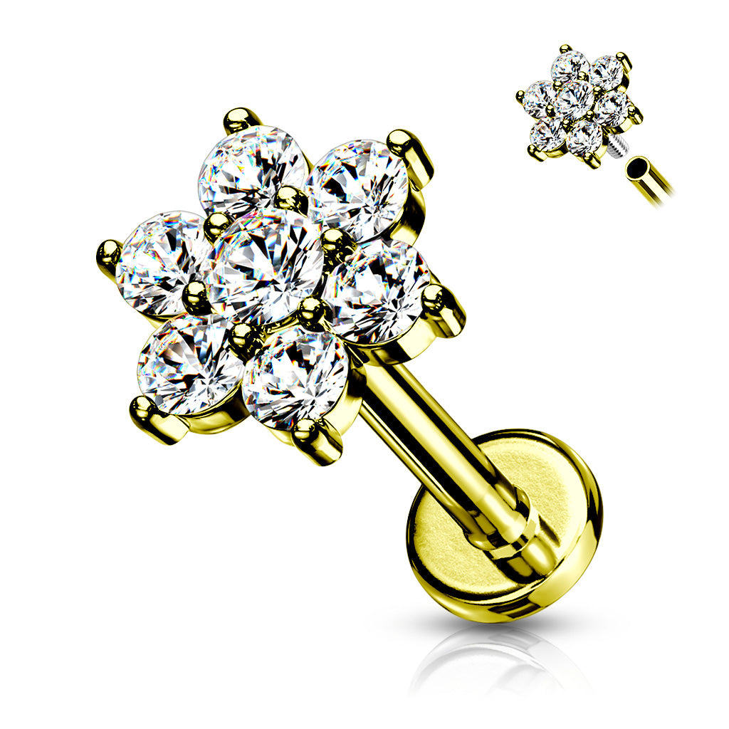 CZ Paved Flower Top Flat Back Stud - Gold-Body Piercing Jewellery, Cartilage, Cubic Zirconia, Jewellery, Labret, New, Tragus, Women's Earrings, Women's Jewellery-tg0136-g_2-Glitters