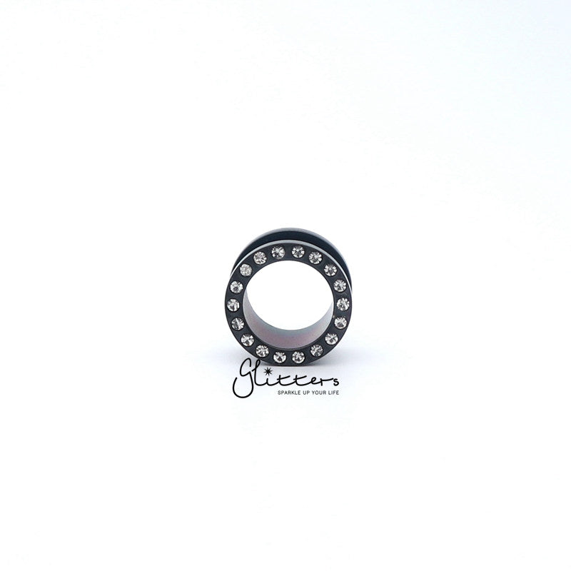 Black Titanium I.P Surgical Steel Crystal Ear Screw On Flesh Tunnels-Body Piercing Jewellery, Plug, Tunnel-tl0025-1-Glitters