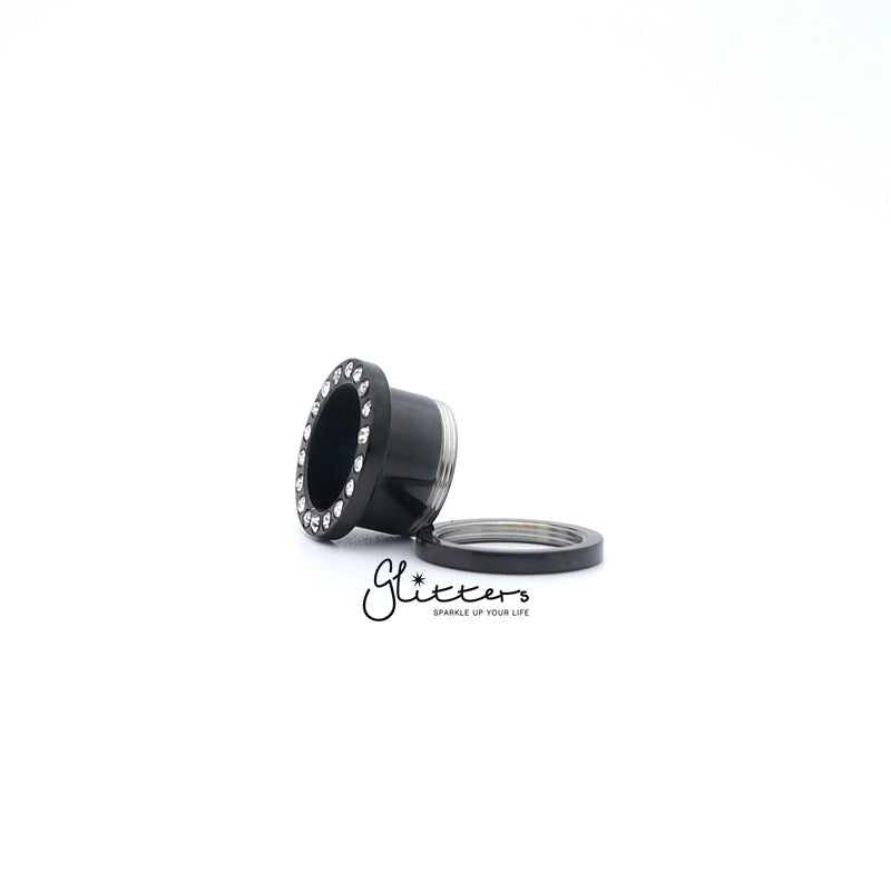 Black Titanium I.P Surgical Steel Crystal Ear Screw On Flesh Tunnels-Body Piercing Jewellery, Plug, Tunnel-tl0025-2-Glitters
