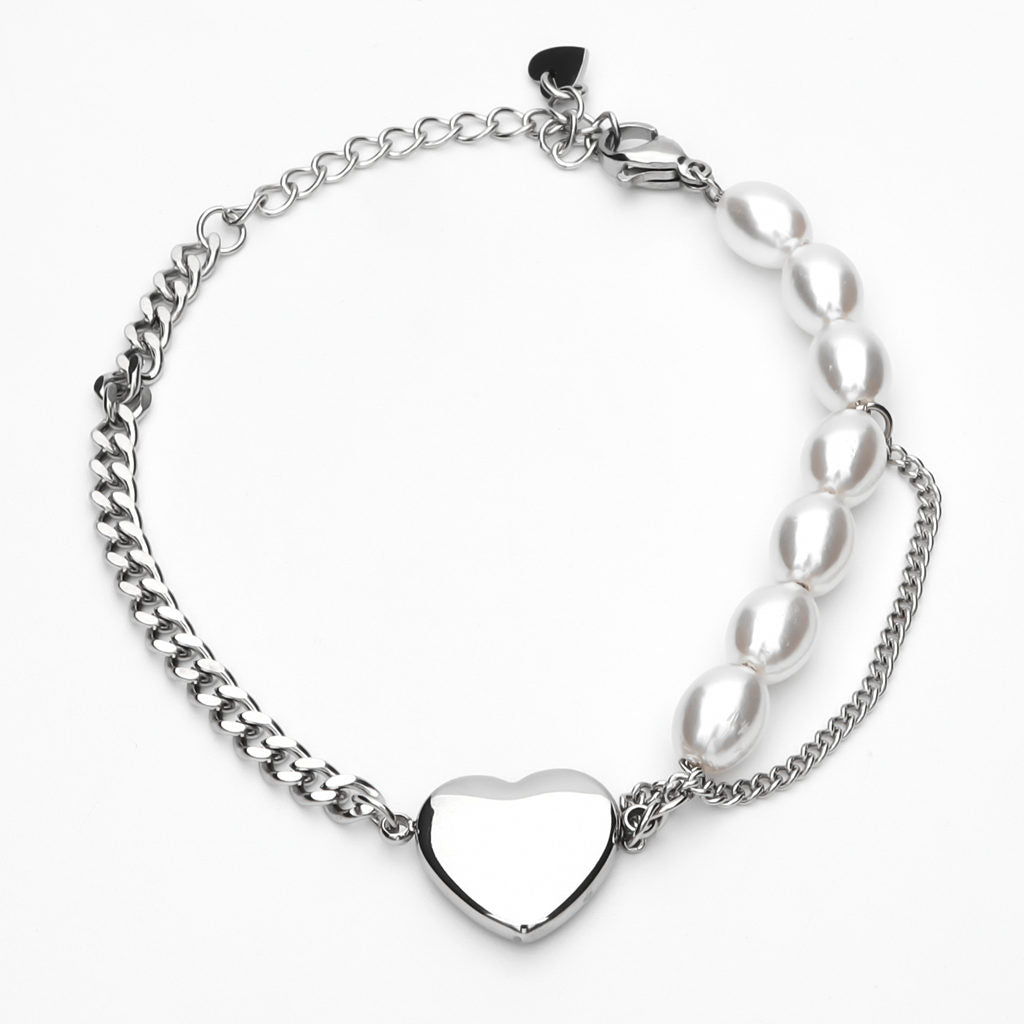 Pearls and Stainless Steel Chain Women's Bracelet with Heart Charm - Silver-Bracelets, Jewellery, New, Stainless Steel, Stainless Steel Bracelet, Women's Bracelet, Women's Jewellery-wb0006-s1_1-Glitters